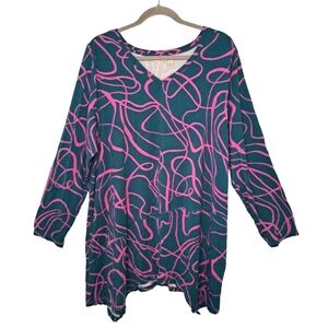 LOGO By Lori Goldstein Teal Pink V Neck Sharkbite Tunic Top Plus Size 2X